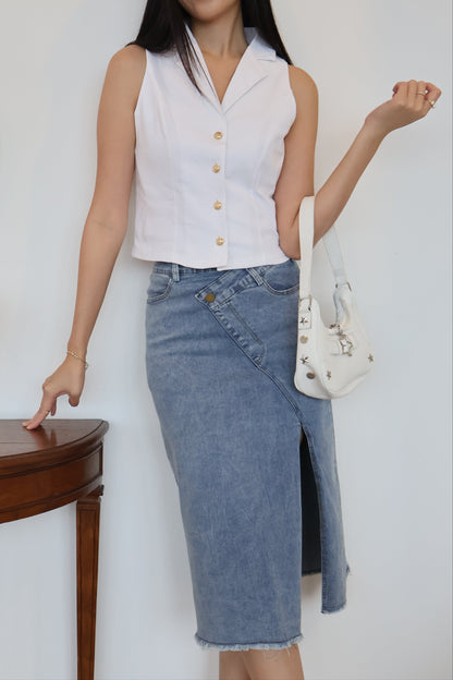 Celine Side Slit Denim Skirt In Mid Wash