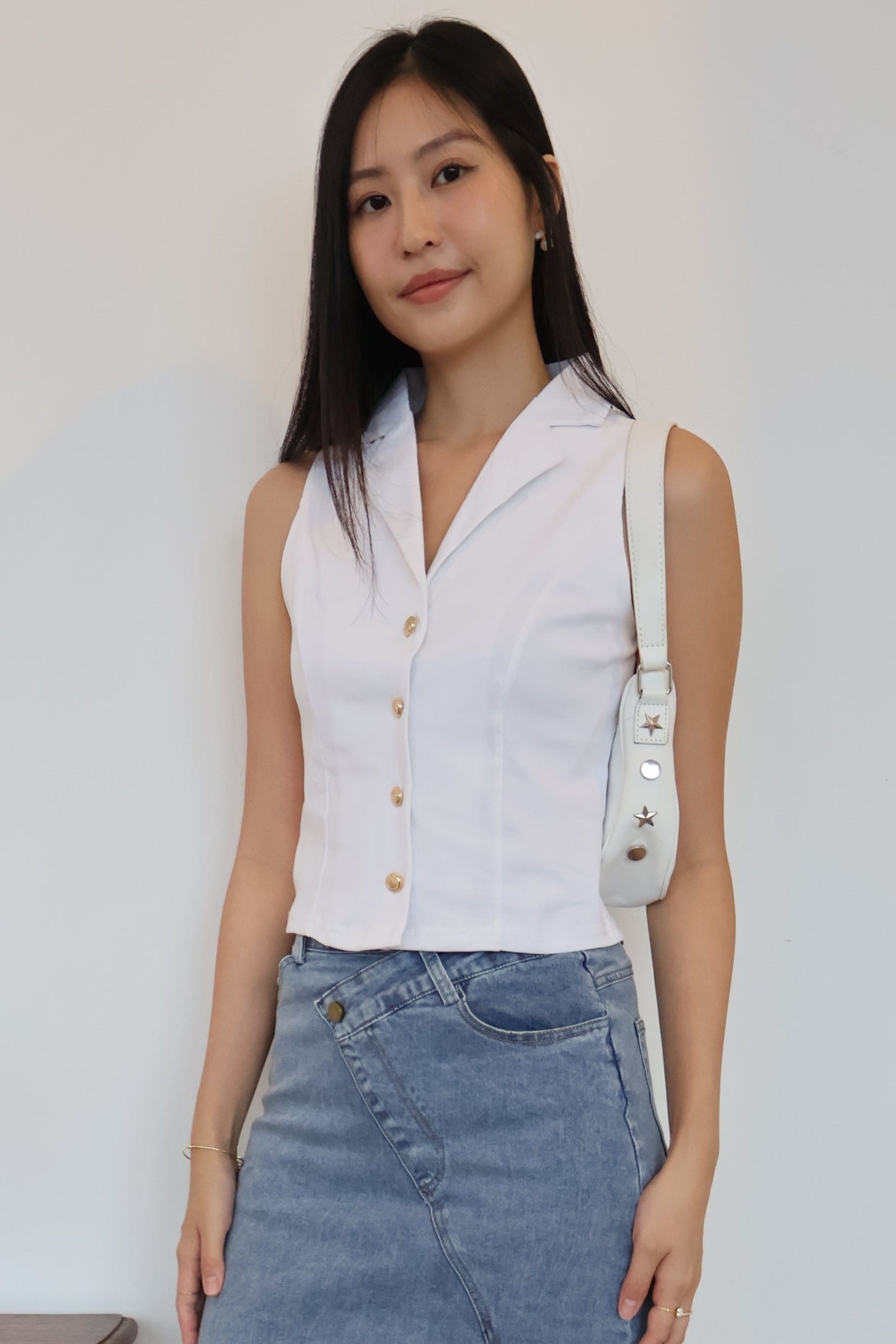 Jomaine Button Vest Top In White