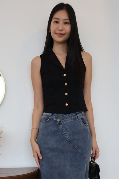 Jomaine Button Vest Top In Black