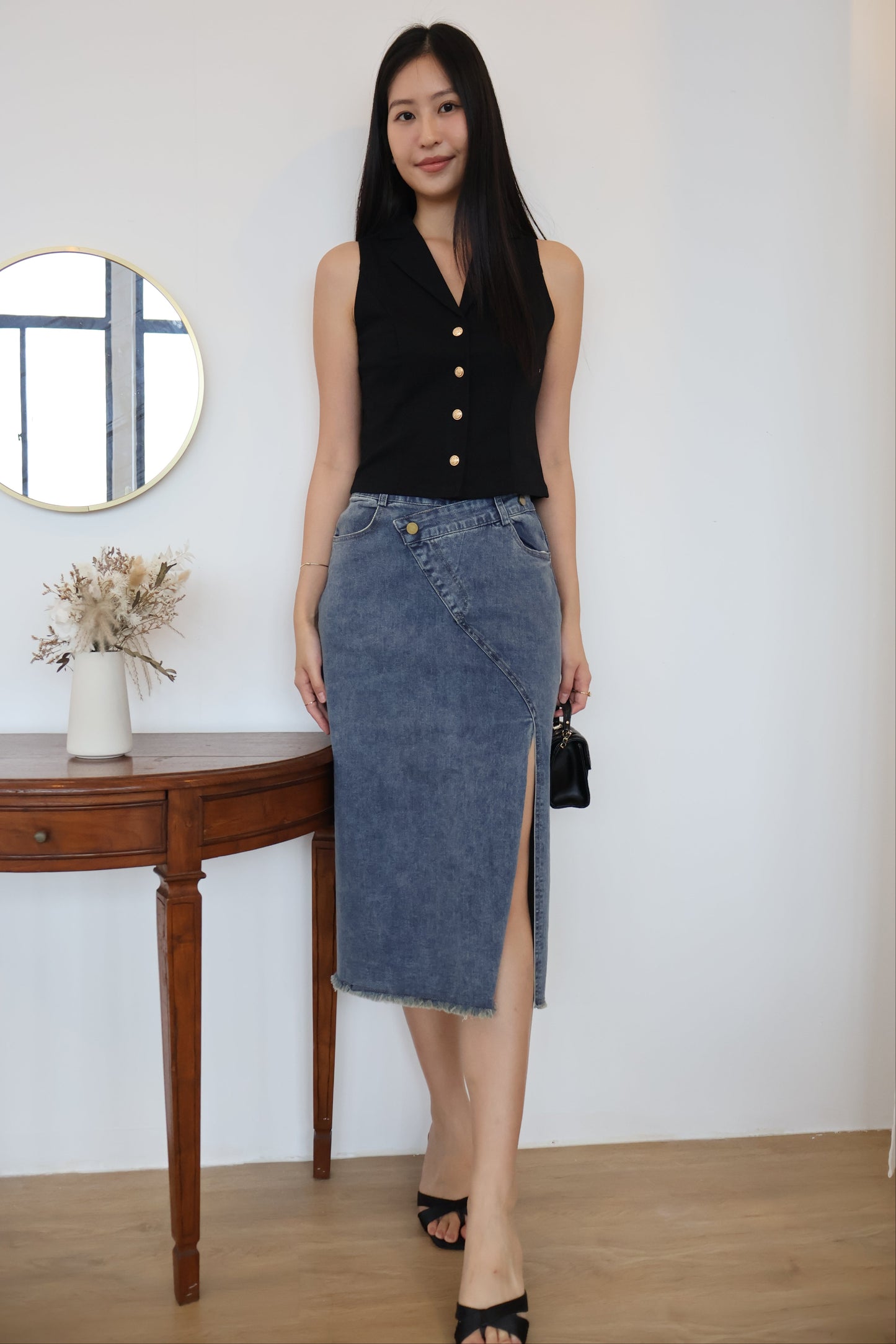 Celine Side Slit Denim Skirt In Dark Wash