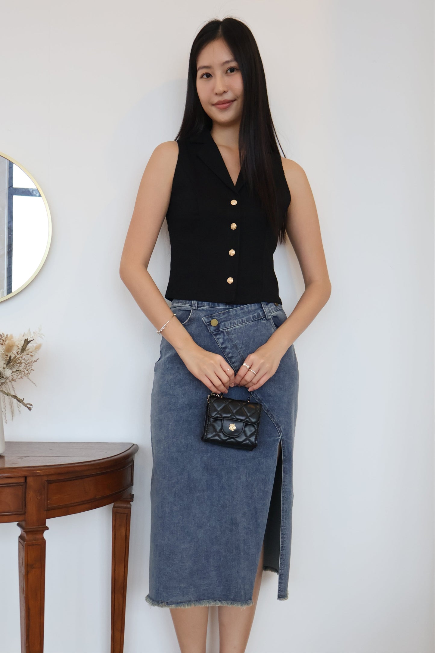 Celine Side Slit Denim Skirt In Dark Wash