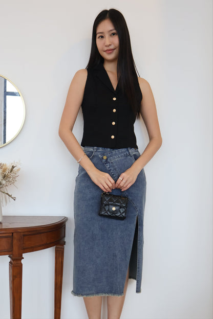Celine Side Slit Denim Skirt In Dark Wash