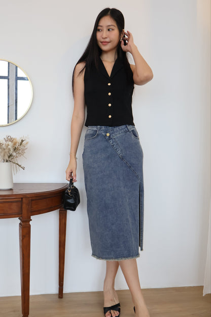 Celine Side Slit Denim Skirt In Dark Wash