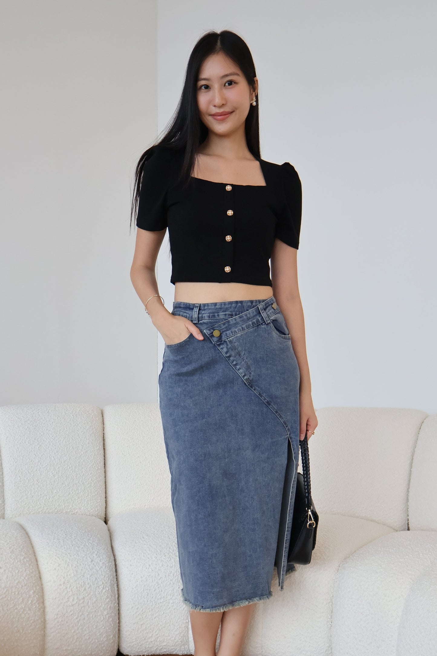Celine Side Slit Denim Skirt In Dark Wash