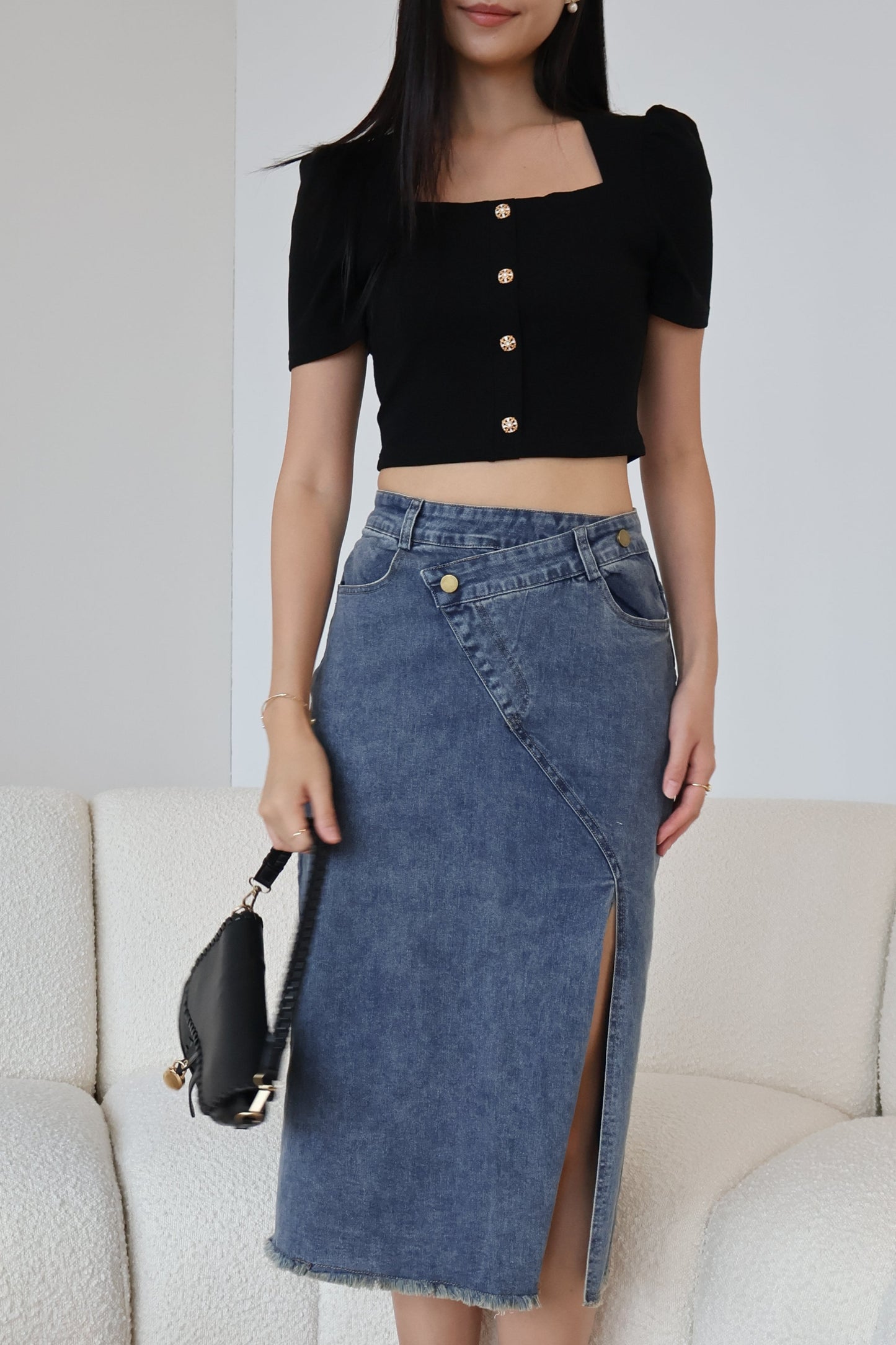 Celine Side Slit Denim Skirt In Dark Wash