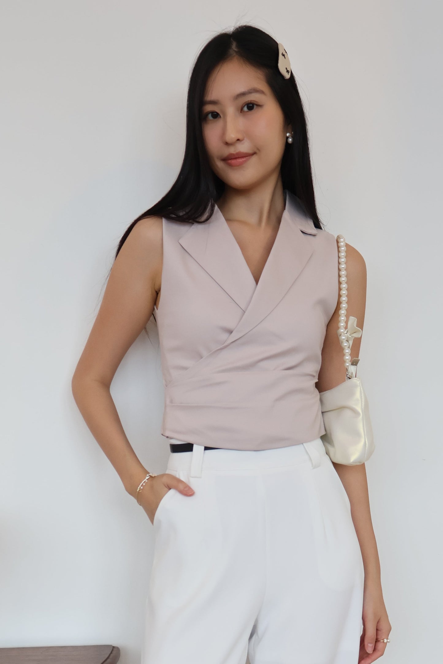 Graze Vest Tailored Top In Taupe Pink