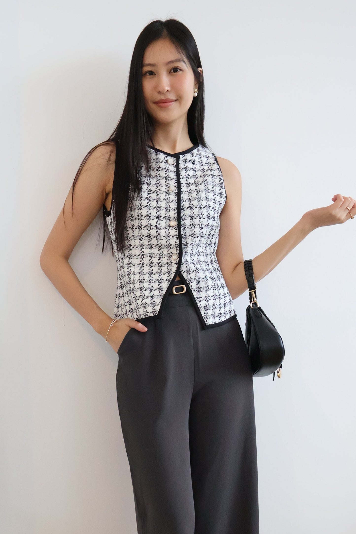 Reina Tweed Button Vest Top In White