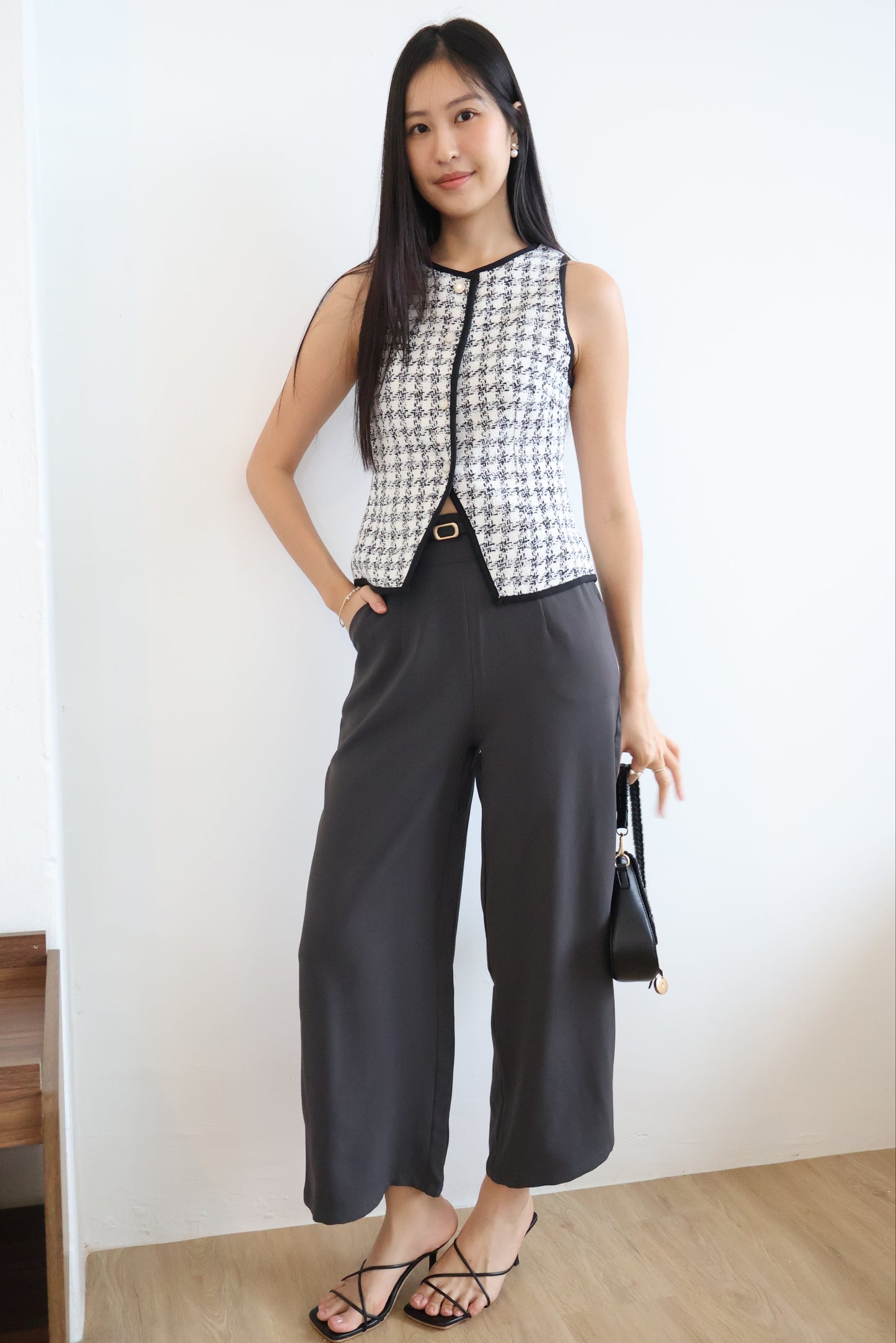 Reina Tweed Button Vest Top In White