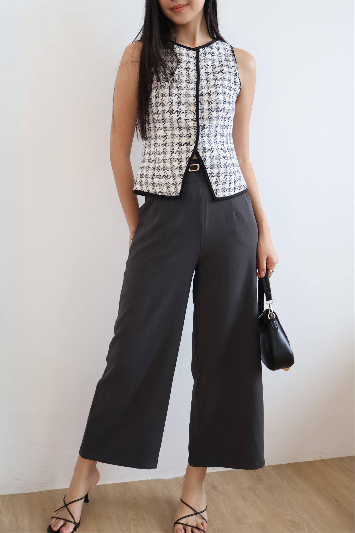 Reina Tweed Button Vest Top In White