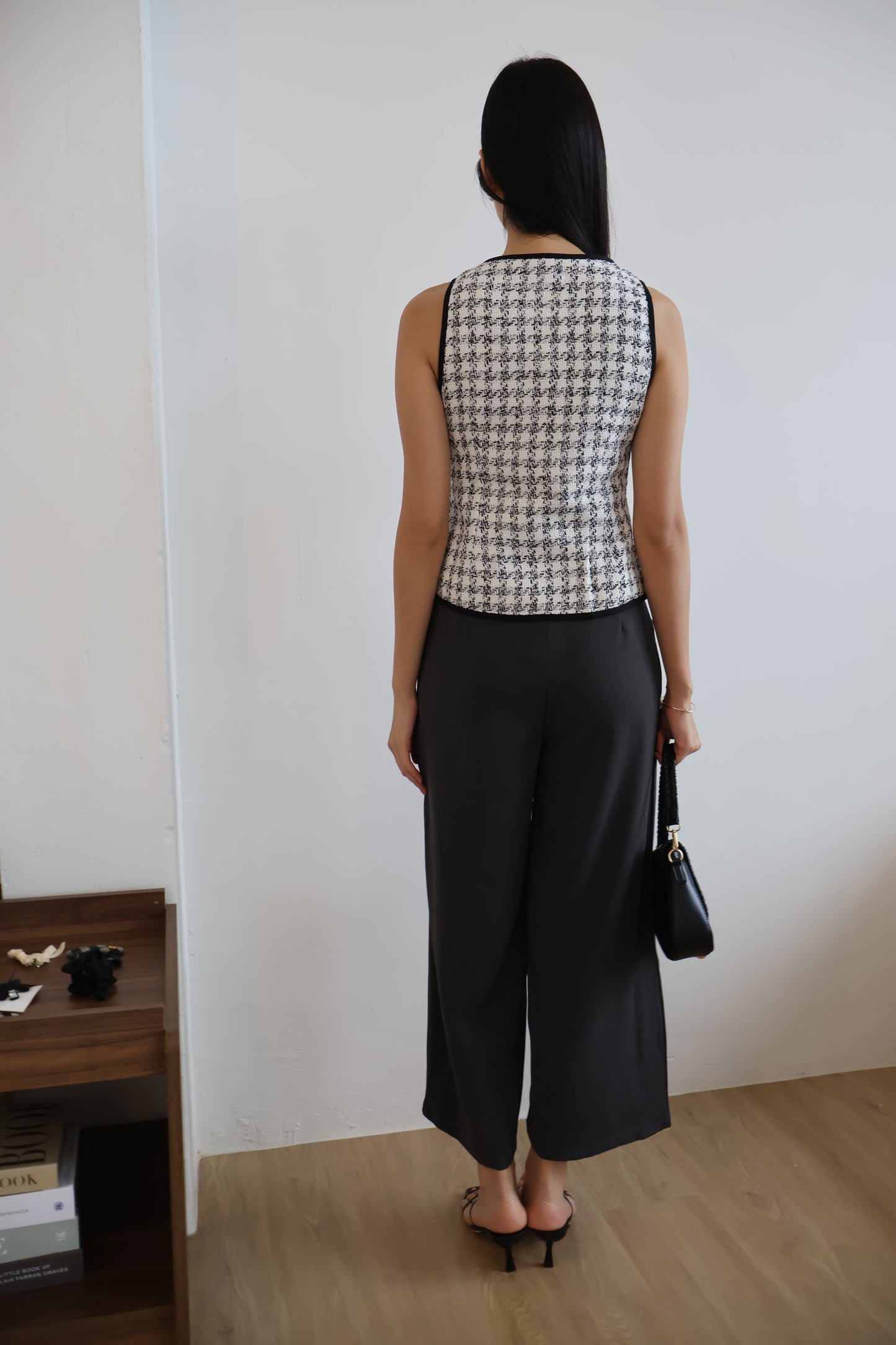 Reina Tweed Button Vest Top In White