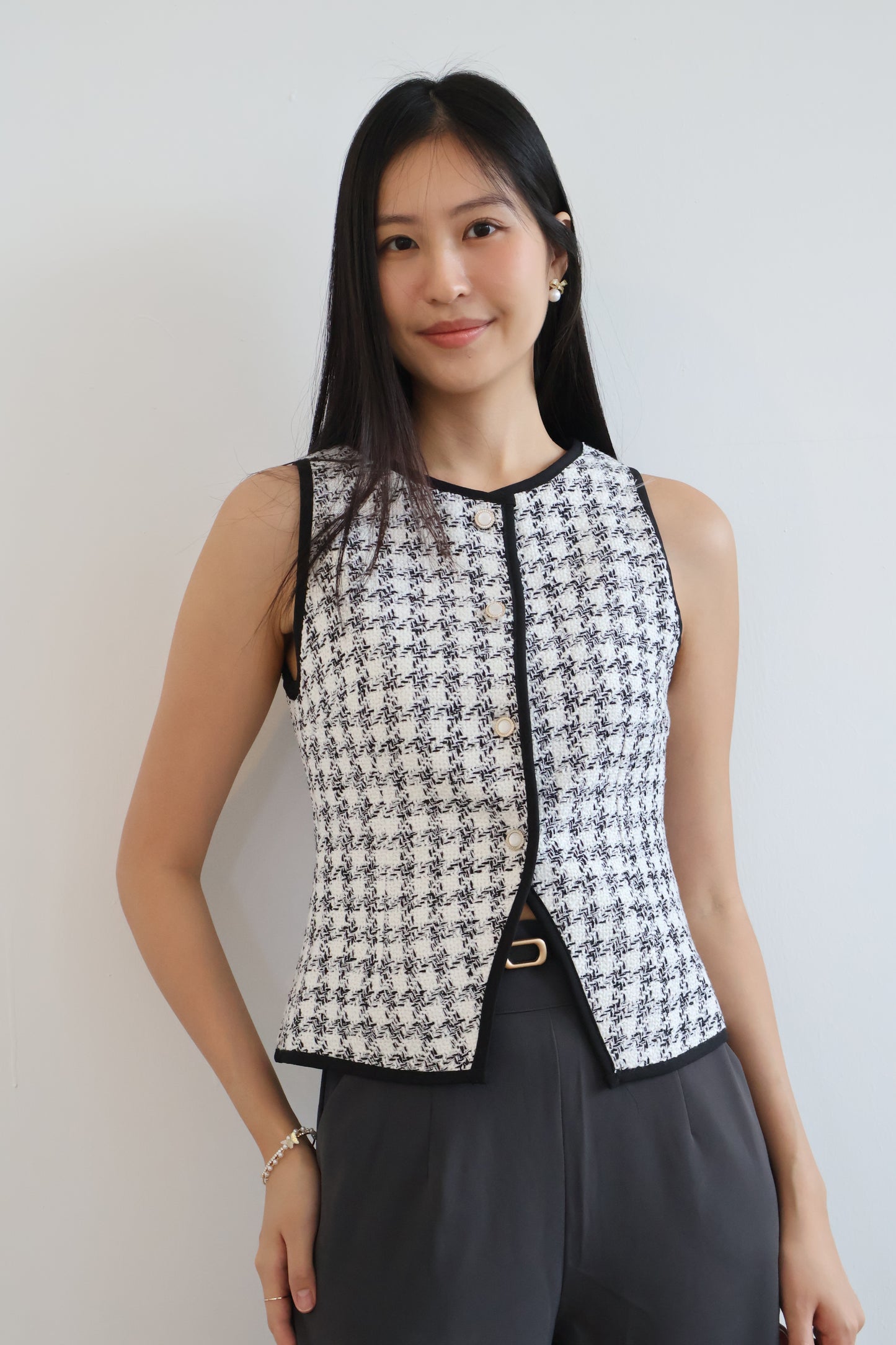 Reina Tweed Button Vest Top In White