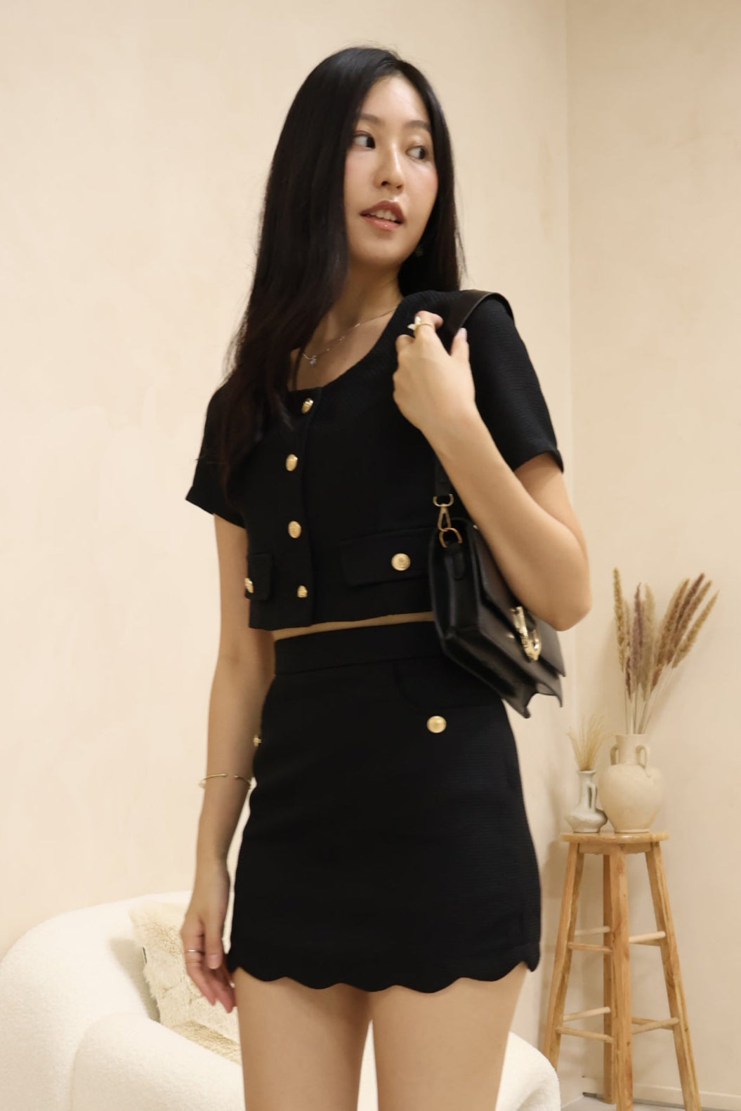 Shermaine Scallop Hem Waffle Textured Co-Ords Set In Black