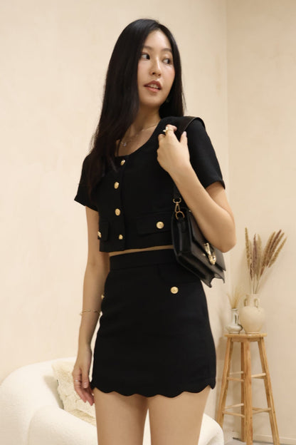 Shermaine Scallop Hem Waffle Textured Co-Ords Set In Black