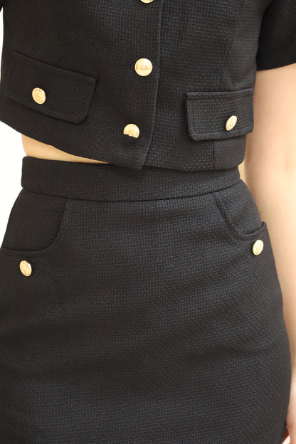 Shermaine Scallop Hem Waffle Textured Co-Ords Set In Black