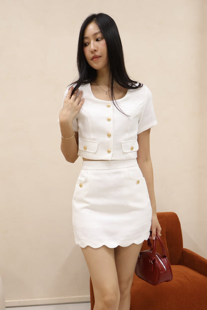 Shermaine Scallop Hem Waffle Textured Co-Ords Set In White