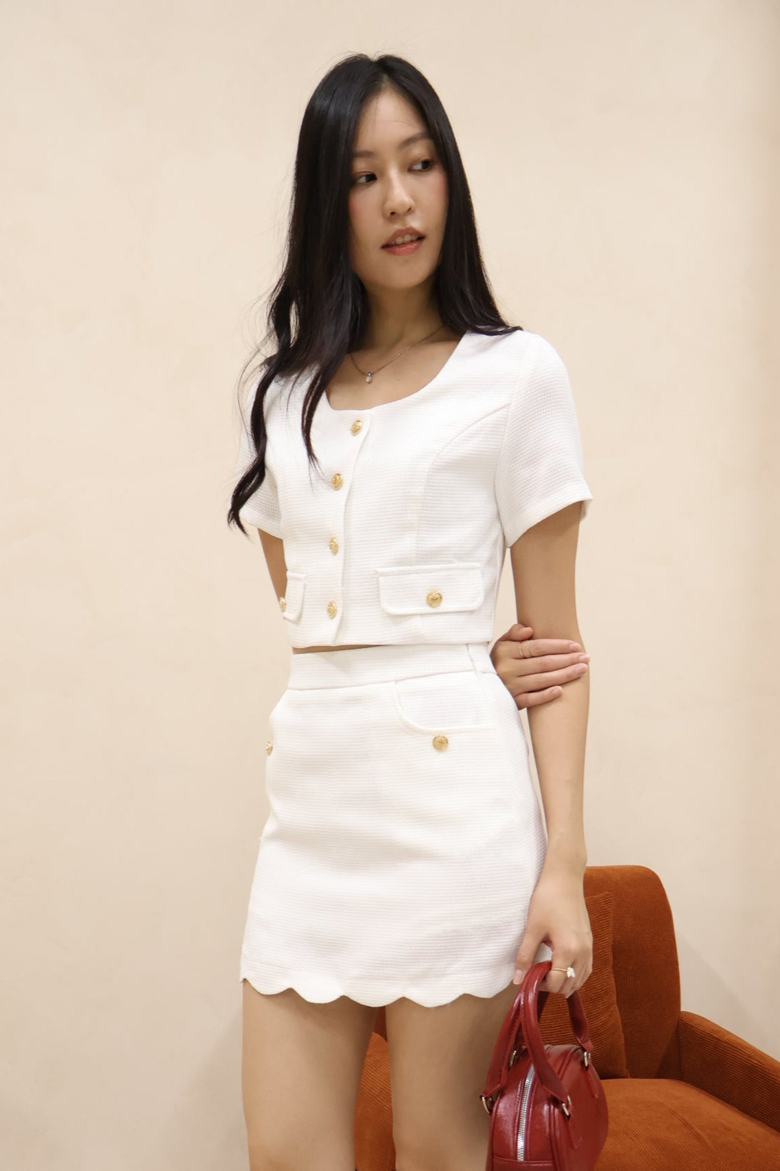 Shermaine Scallop Hem Waffle Textured Co-Ords Set In White