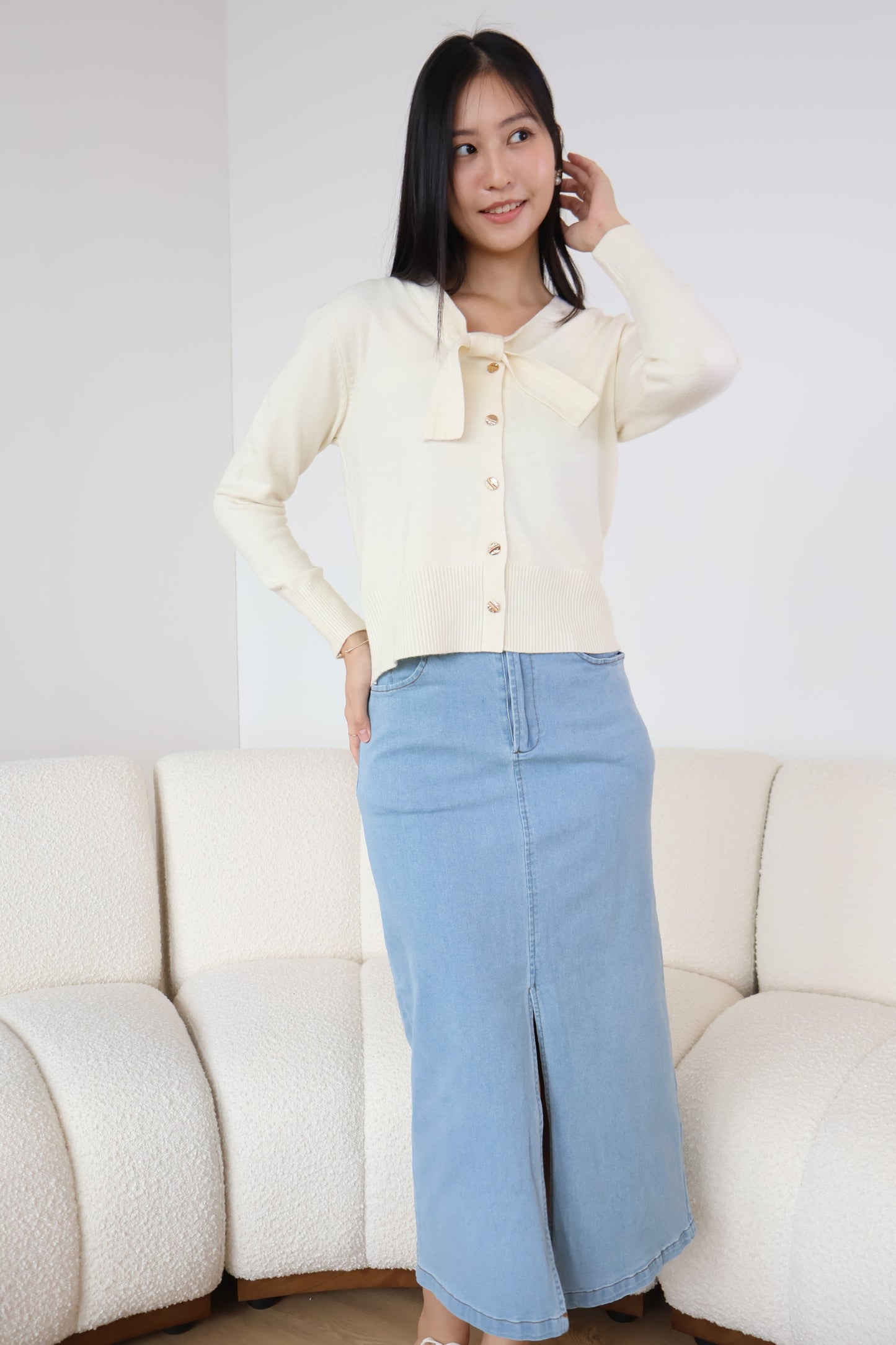 Tammy Soft Knit Ribbon Cardigan In Cream