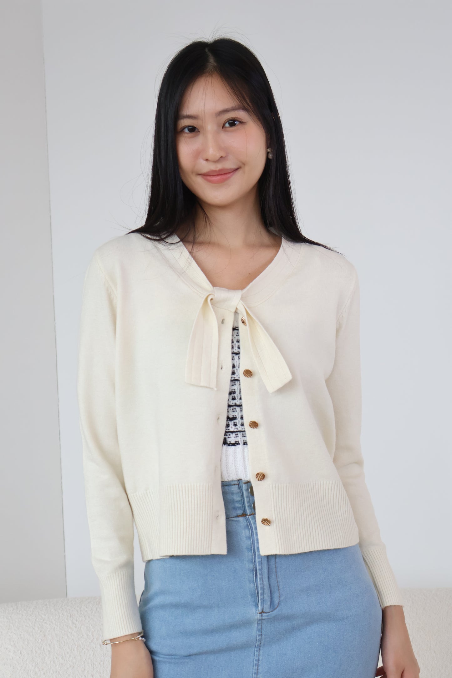 Tammy Soft Knit Ribbon Cardigan In Cream