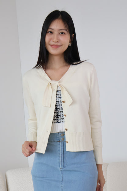 Tammy Soft Knit Ribbon Cardigan In Cream