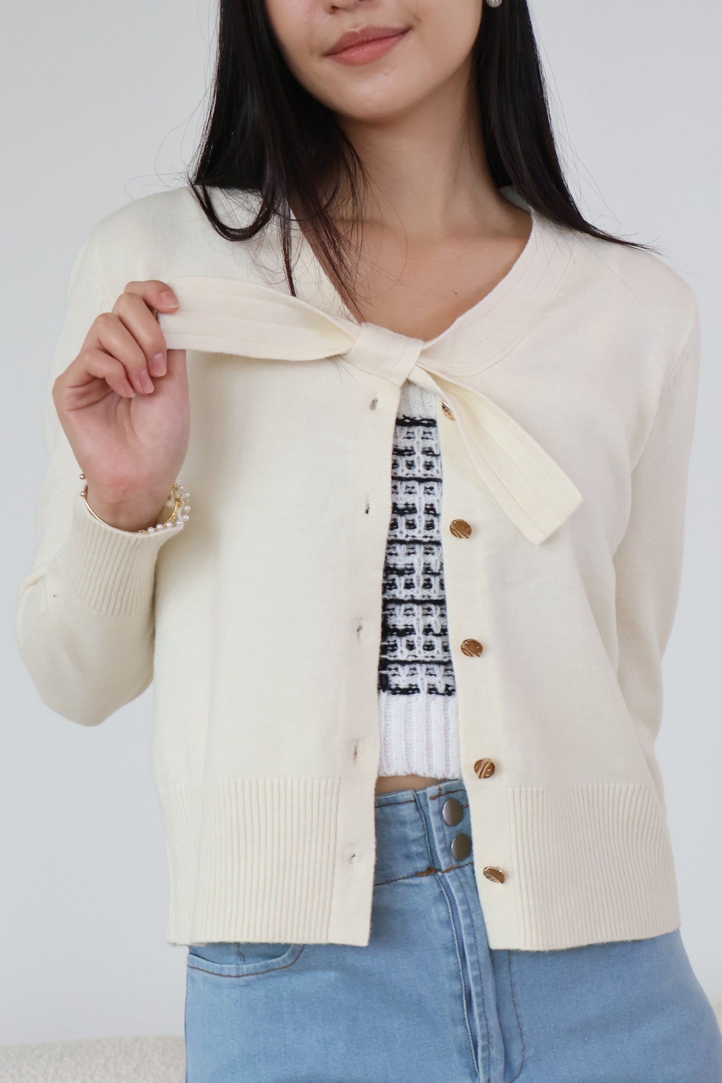 Tammy Soft Knit Ribbon Cardigan In Cream