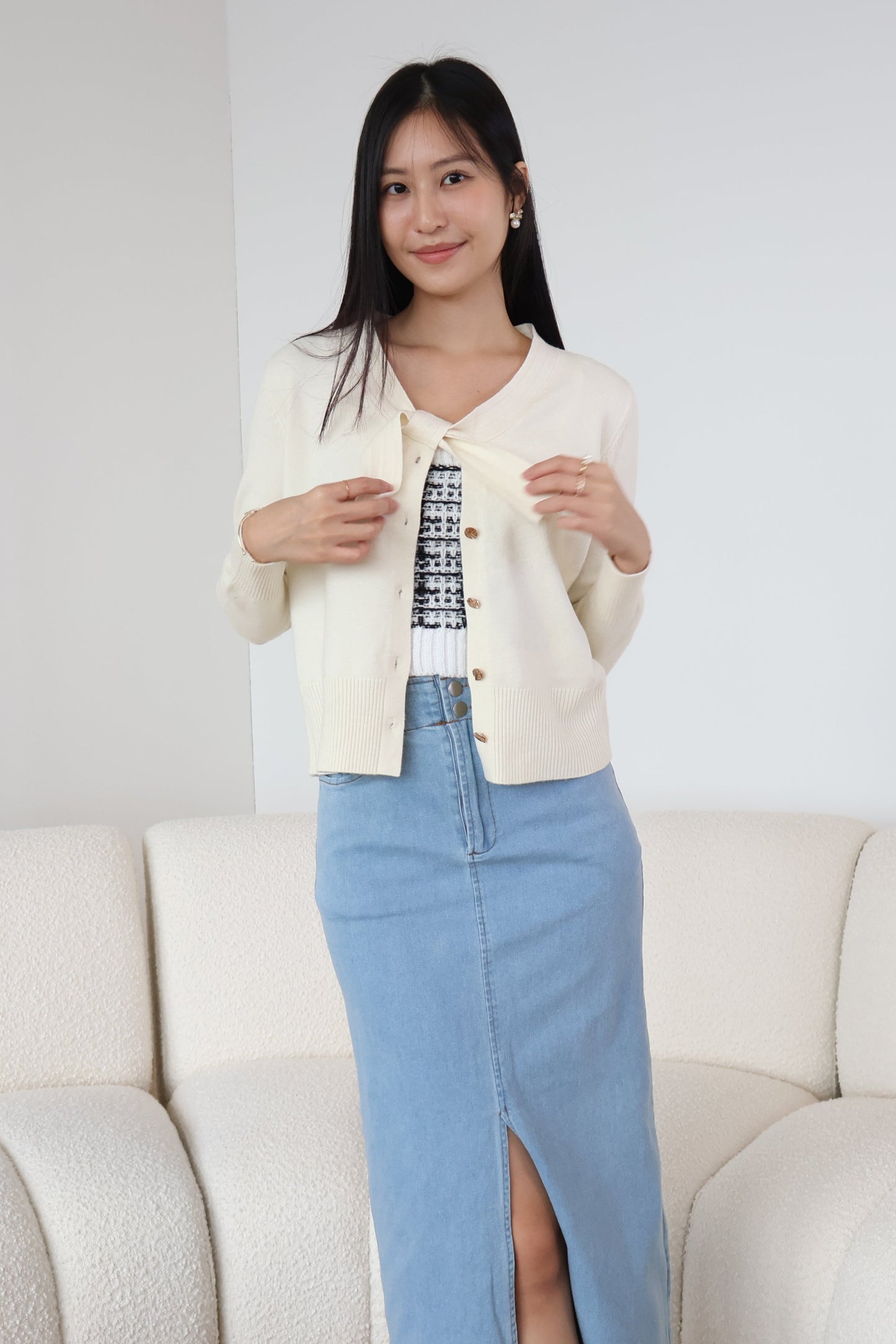 Tammy Soft Knit Ribbon Cardigan In Cream