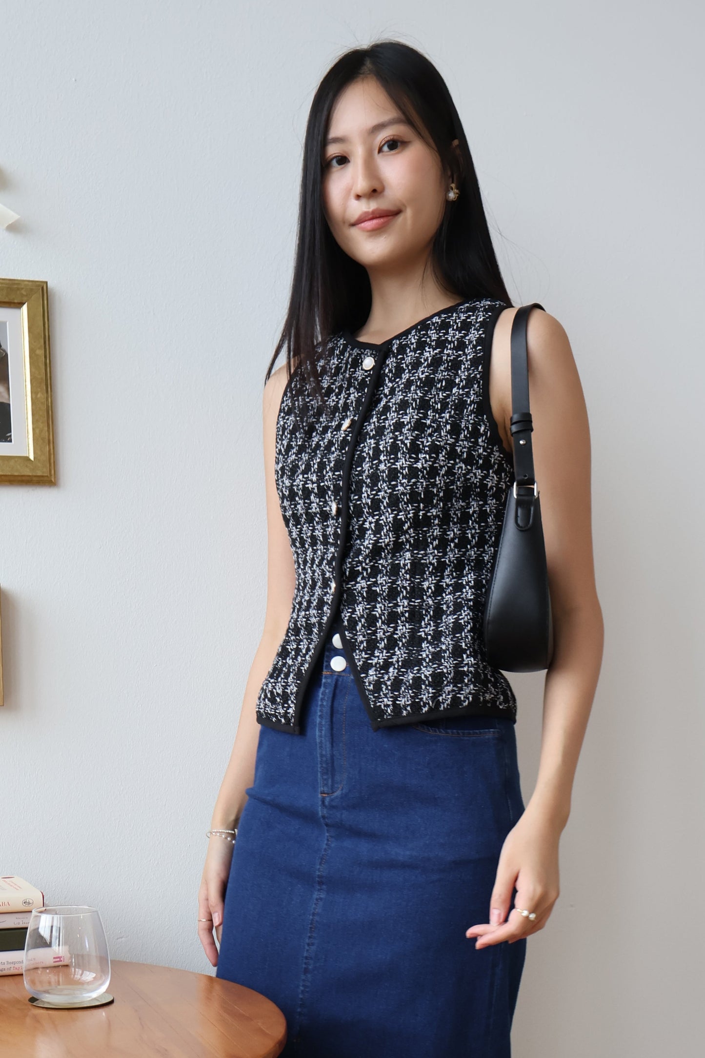 Reina Tweed Button Vest Top In Black