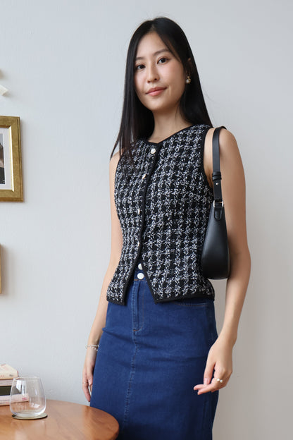 Reina Tweed Button Vest Top In Black
