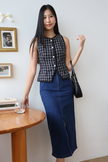 Sue Denim Midi Skirt In Dark Wash