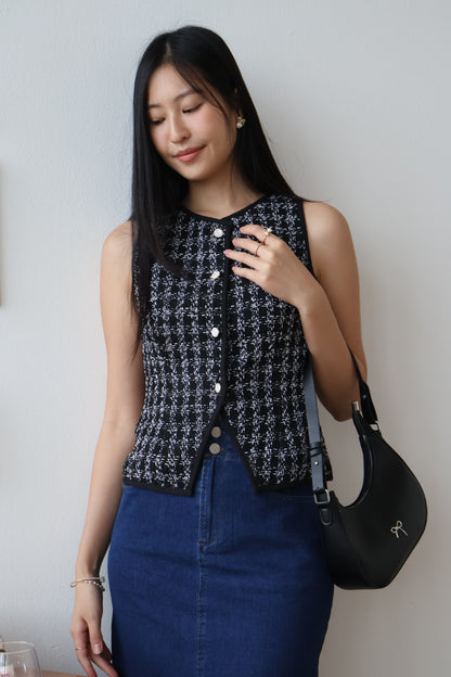 Reina Tweed Button Vest Top In Black