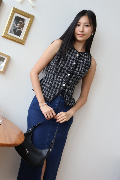 Reina Tweed Button Vest Top In Black