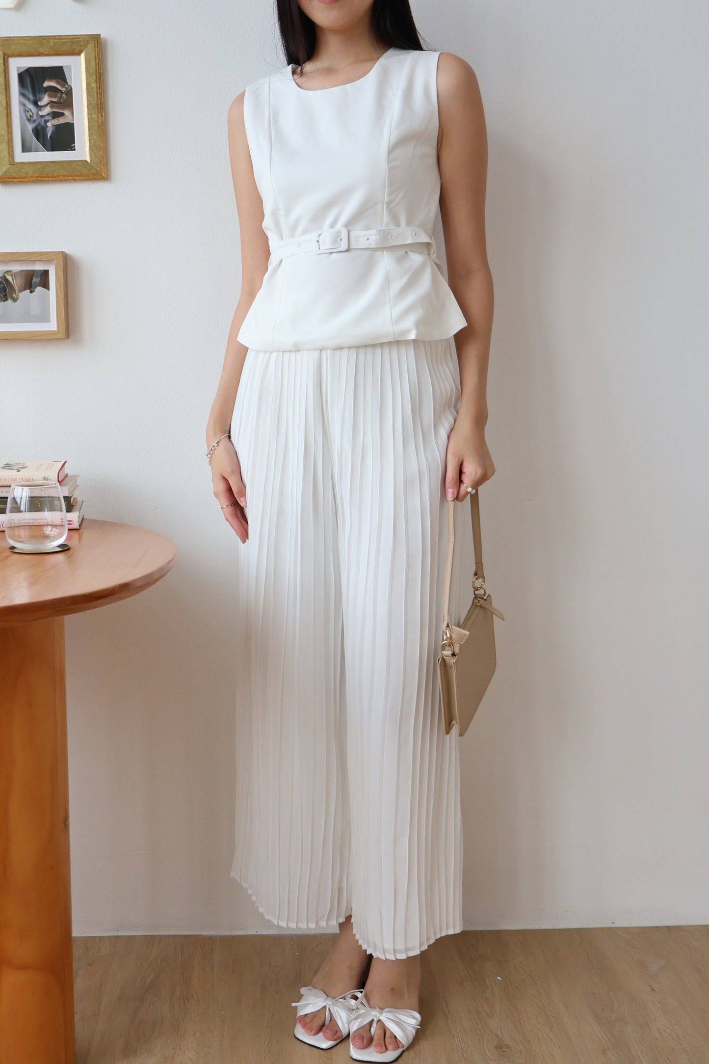 Umi Belted Top & Pleated Pants Co-Ords Set In White