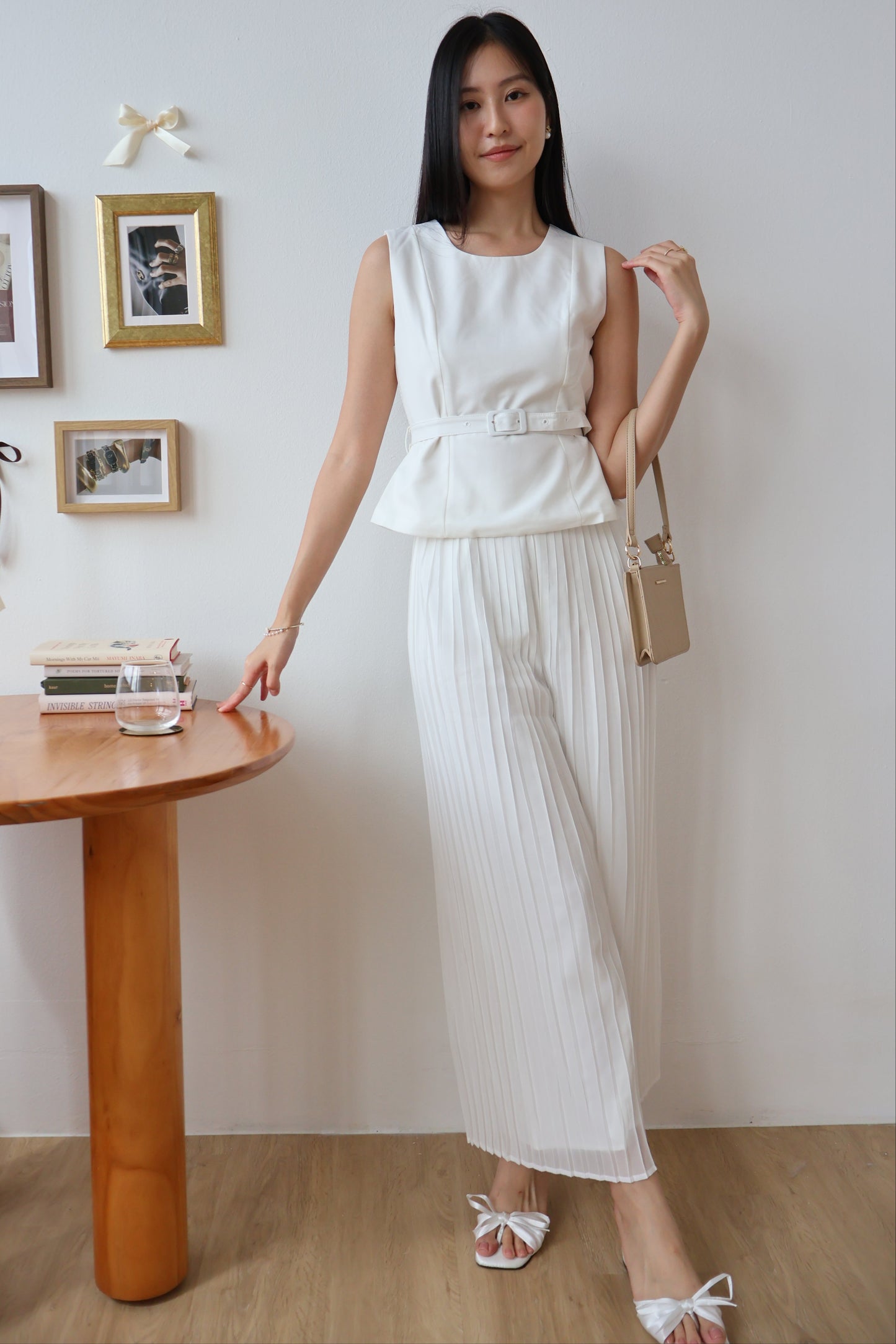 Umi Belted Top & Pleated Pants Co-Ords Set In White