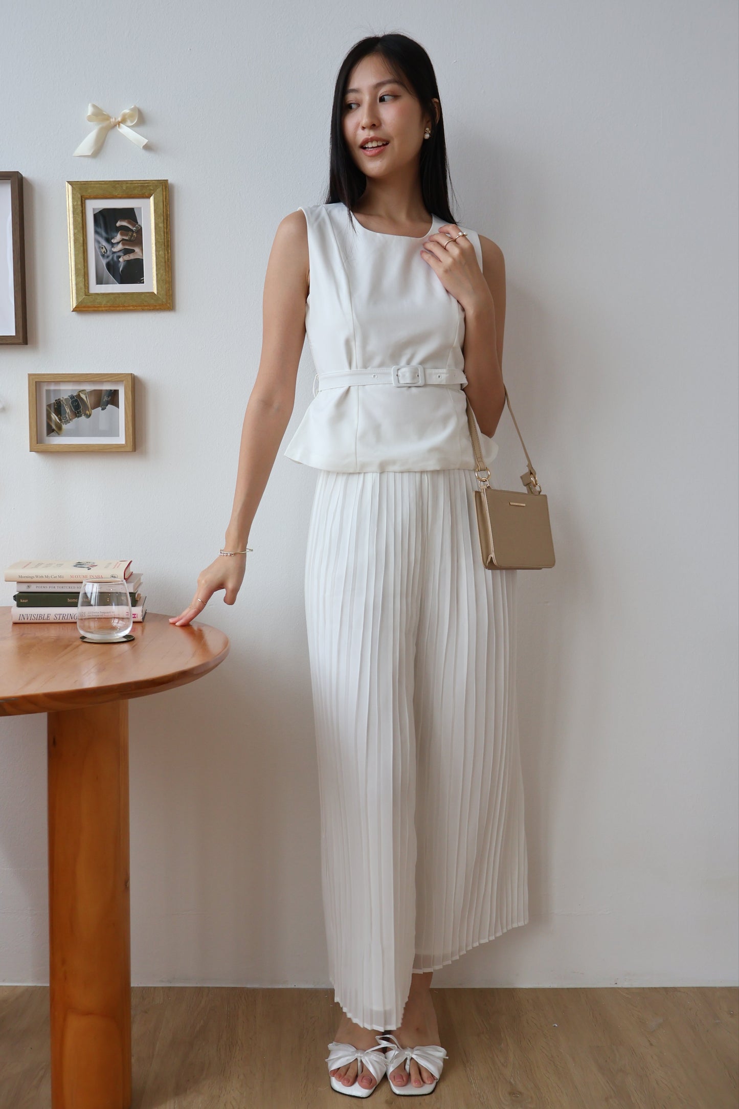 Umi Belted Top & Pleated Pants Co-Ords Set In White