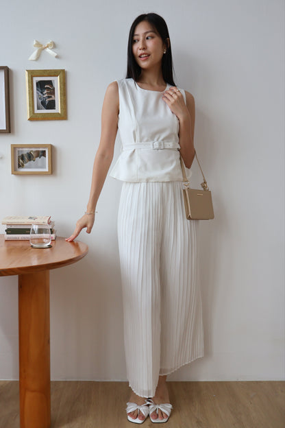 Umi Belted Top & Pleated Pants Co-Ords Set In White