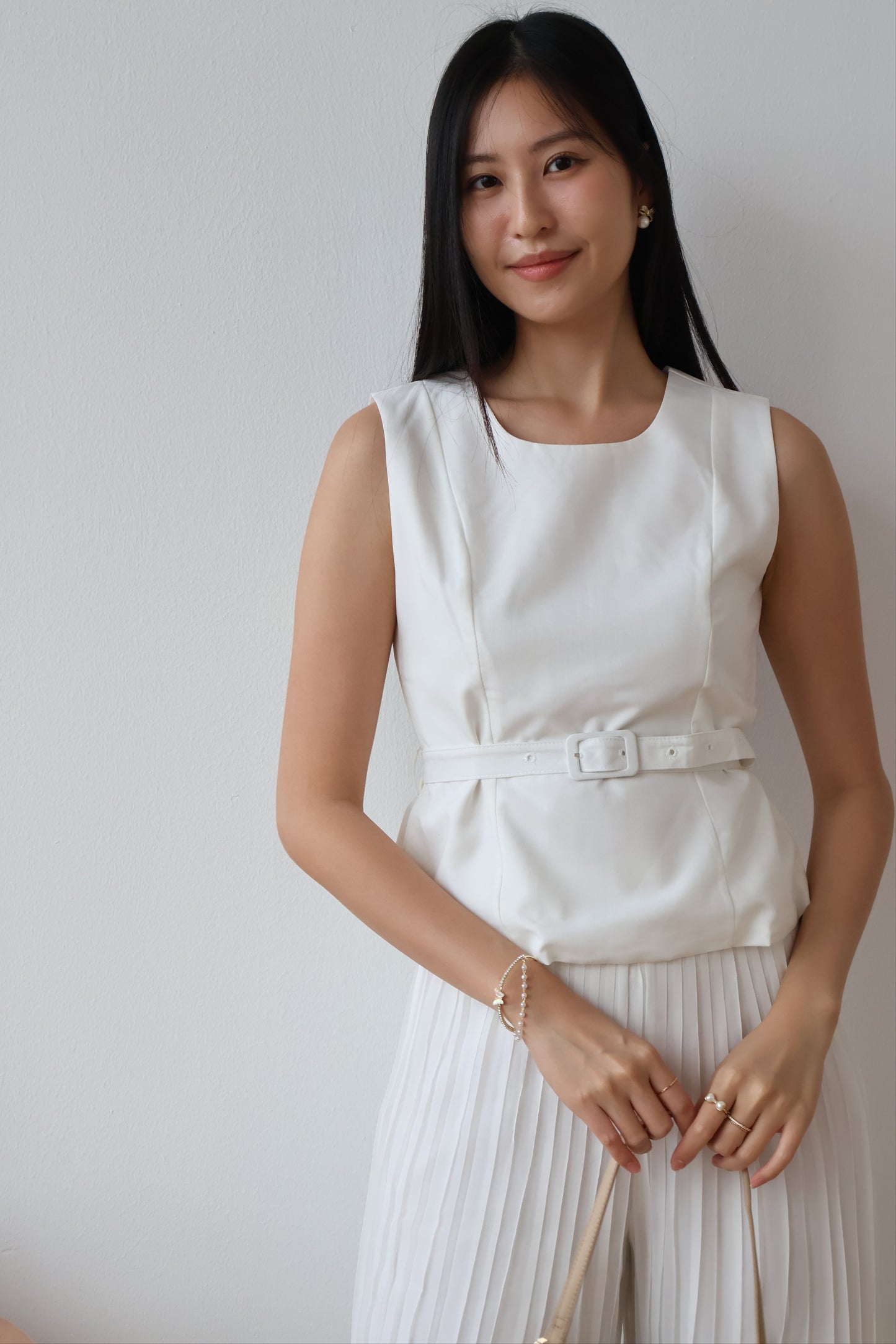 Umi Belted Top & Pleated Pants Co-Ords Set In White