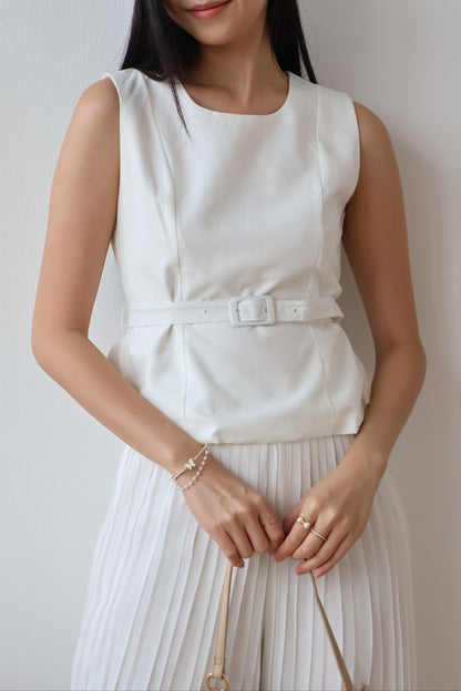 Umi Belted Top & Pleated Pants Co-Ords Set In White
