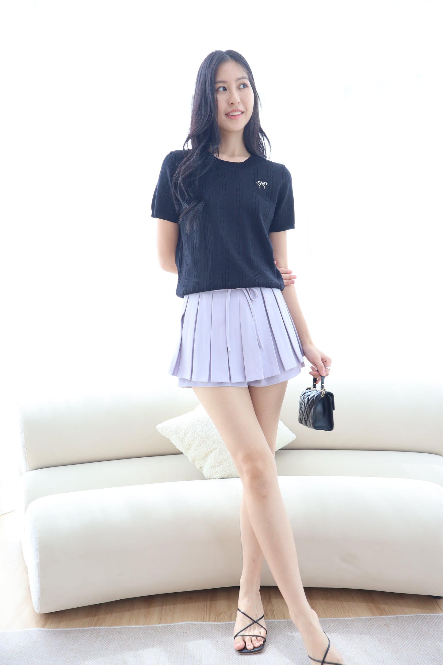 Arwen Pleated Ribbon Tie Skorts In Lilac