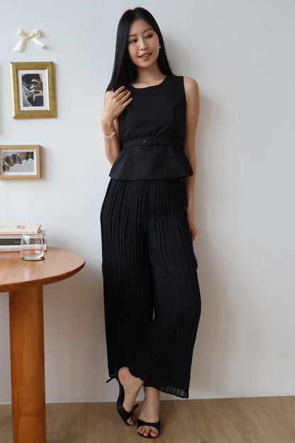 Umi Belted Top & Pleated Pants Co-Ords Set In Black