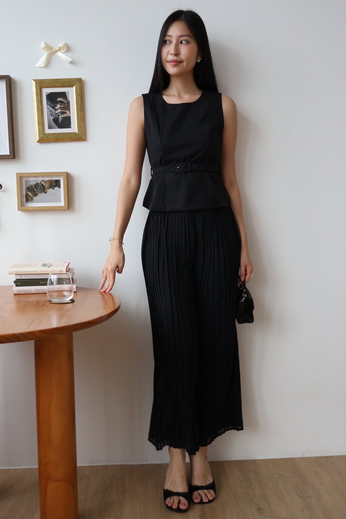 Umi Belted Top & Pleated Pants Co-Ords Set In Black