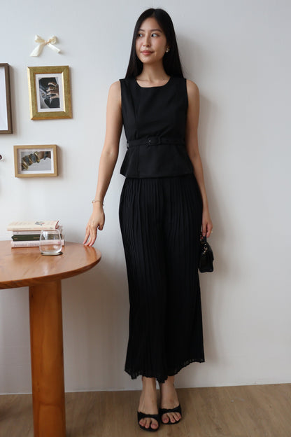 Umi Belted Top & Pleated Pants Co-Ords Set In Black
