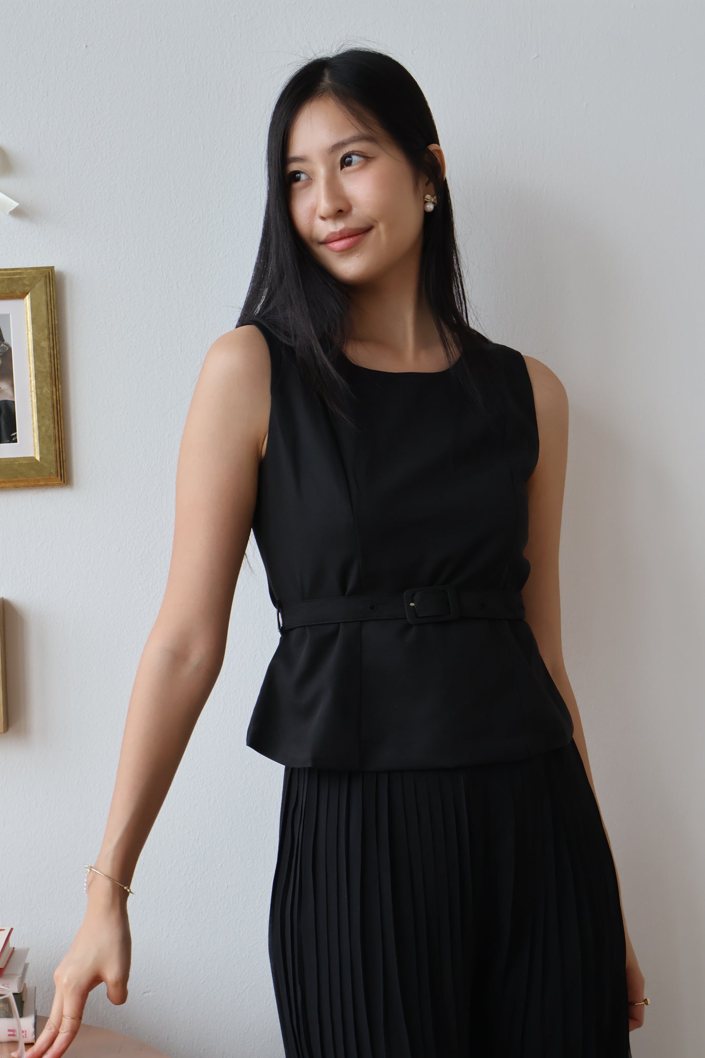 Umi Belted Top & Pleated Pants Co-Ords Set In Black