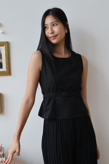 Umi Belted Top & Pleated Pants Co-Ords Set In Black