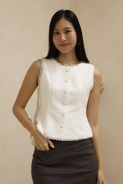 Shelly Lace Trim Button Top In White