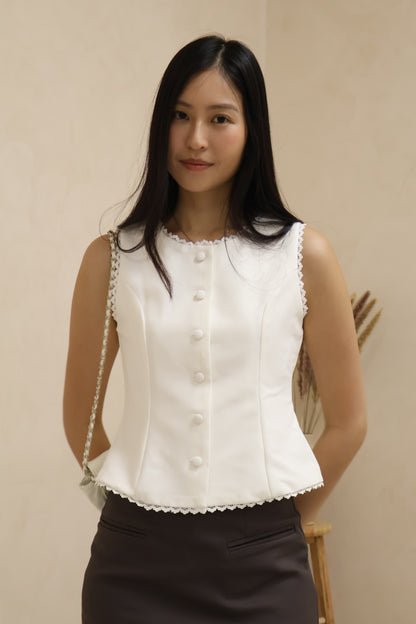 Shelly Lace Trim Button Top In White