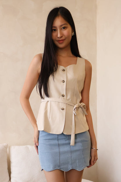 Dazey Button Vest Top With Ribbon Tie In Sand