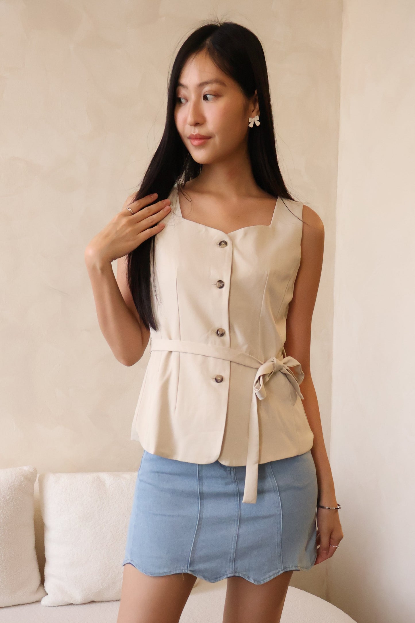 Dazey Button Vest Top With Ribbon Tie In Sand