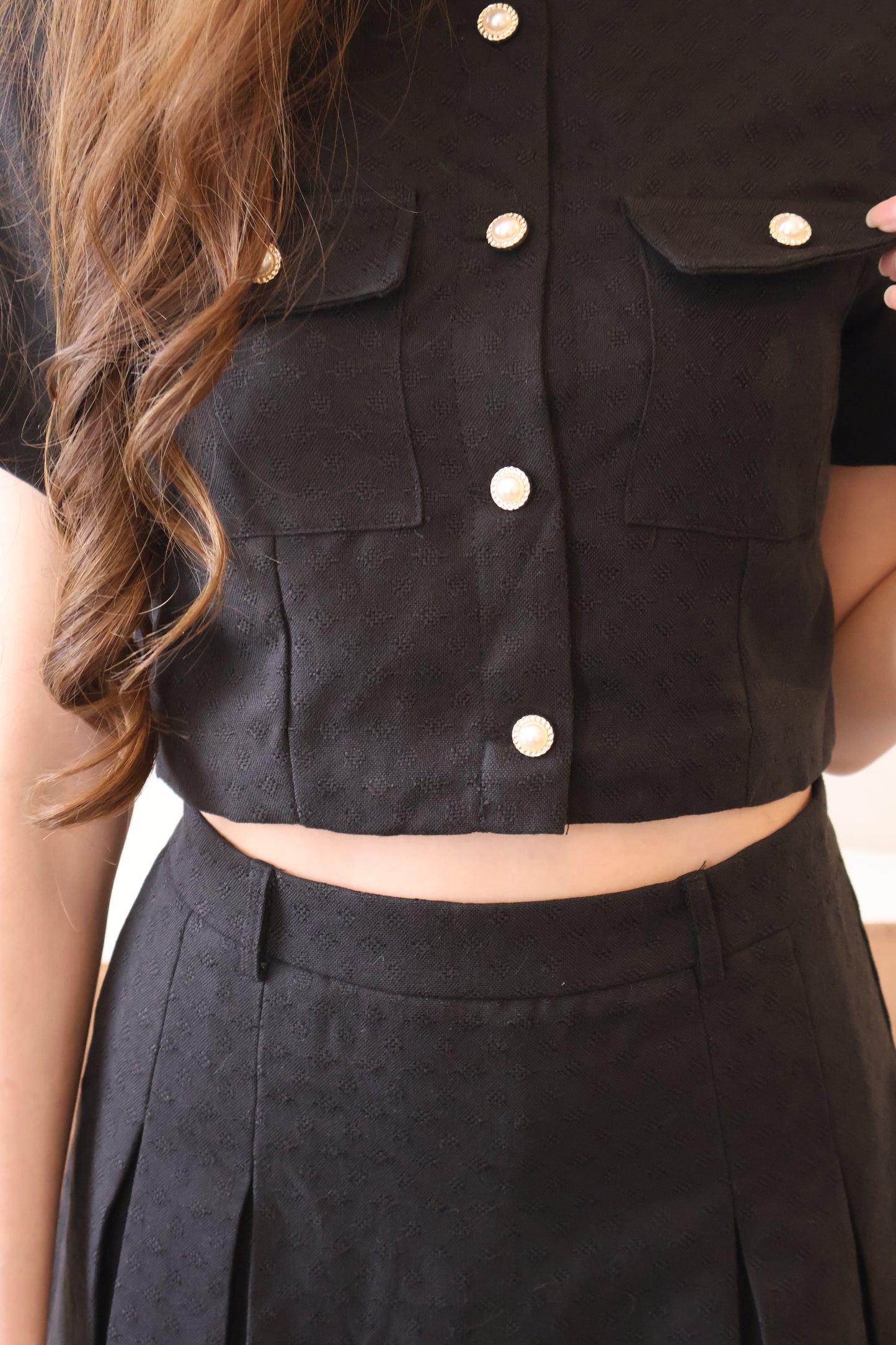 Minny Pearl Button & Pleat Skorts Co-Ords Set In Black