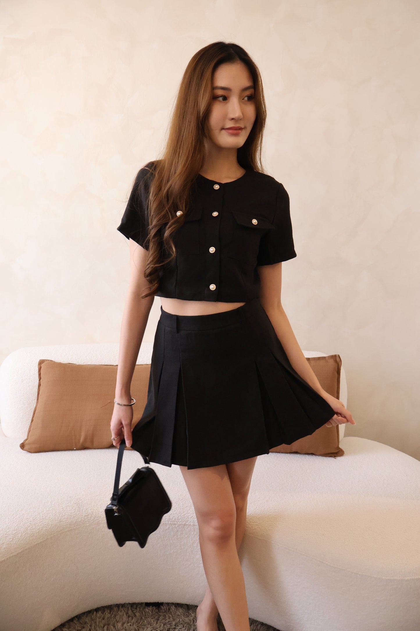Minny Pearl Button & Pleat Skorts Co-Ords Set In Black