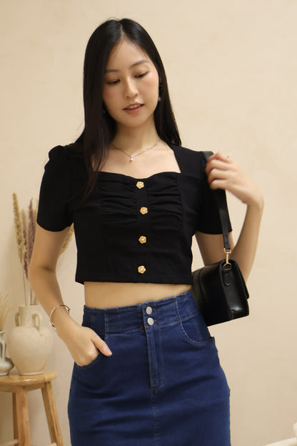 Gabriella Petal Pearl Buttons Ruched Top In Black