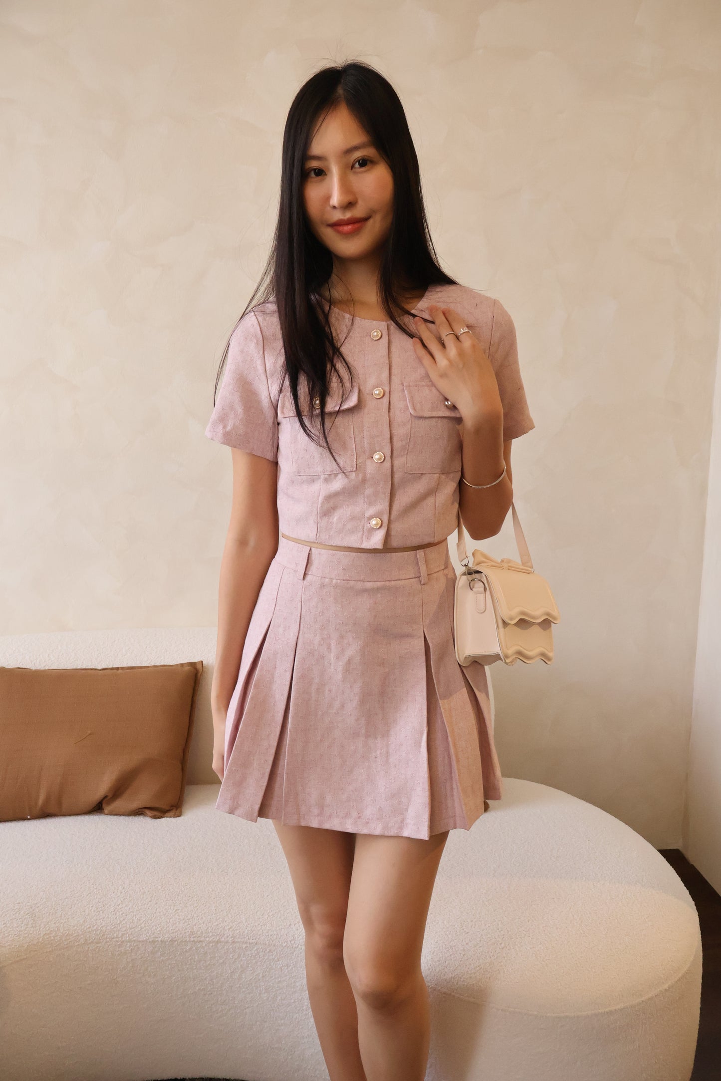 Minny Pearl Button & Pleat Skorts Co-Ords Set In Pink